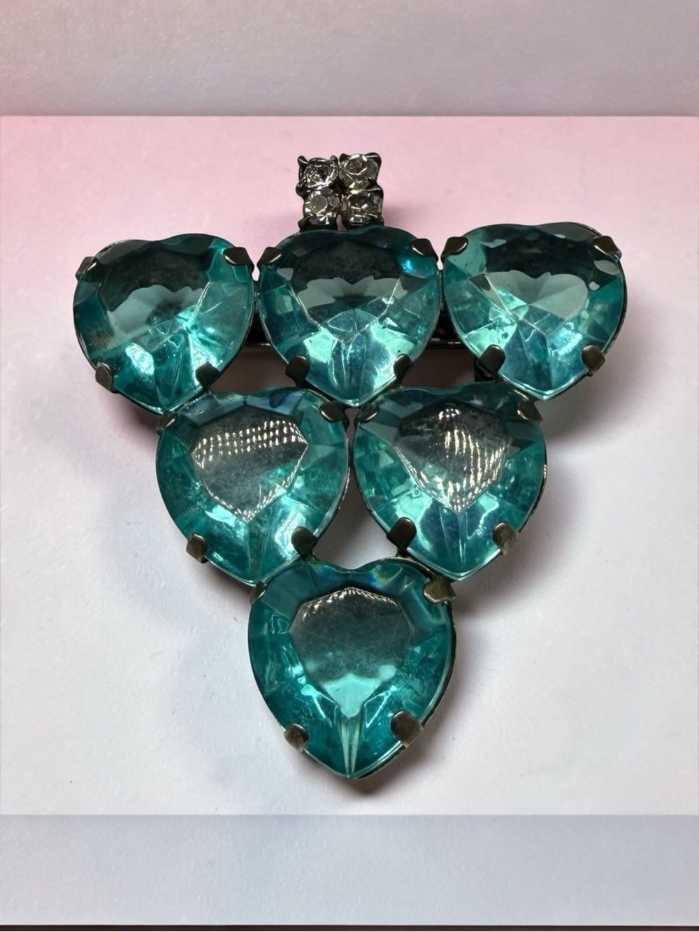 Vintage Art Deco Heart Rhinestone Cluster Brooch Pin Silver Tone Teal Blue